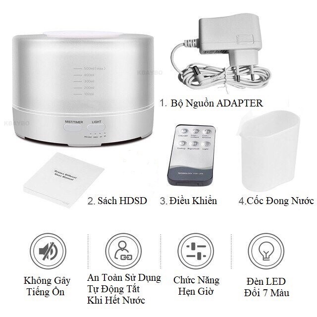 Máy xông tinh dầu siêu âm cao cấp 550ml - Đèn LED 7 màu - Chế độ máy khuếch tán tinh dầu mạnh - Hẹn giờ tự tắt - Xông hơi liên tục 24h - Kèm Remote - Tặng 1 tinh dầu 10ml