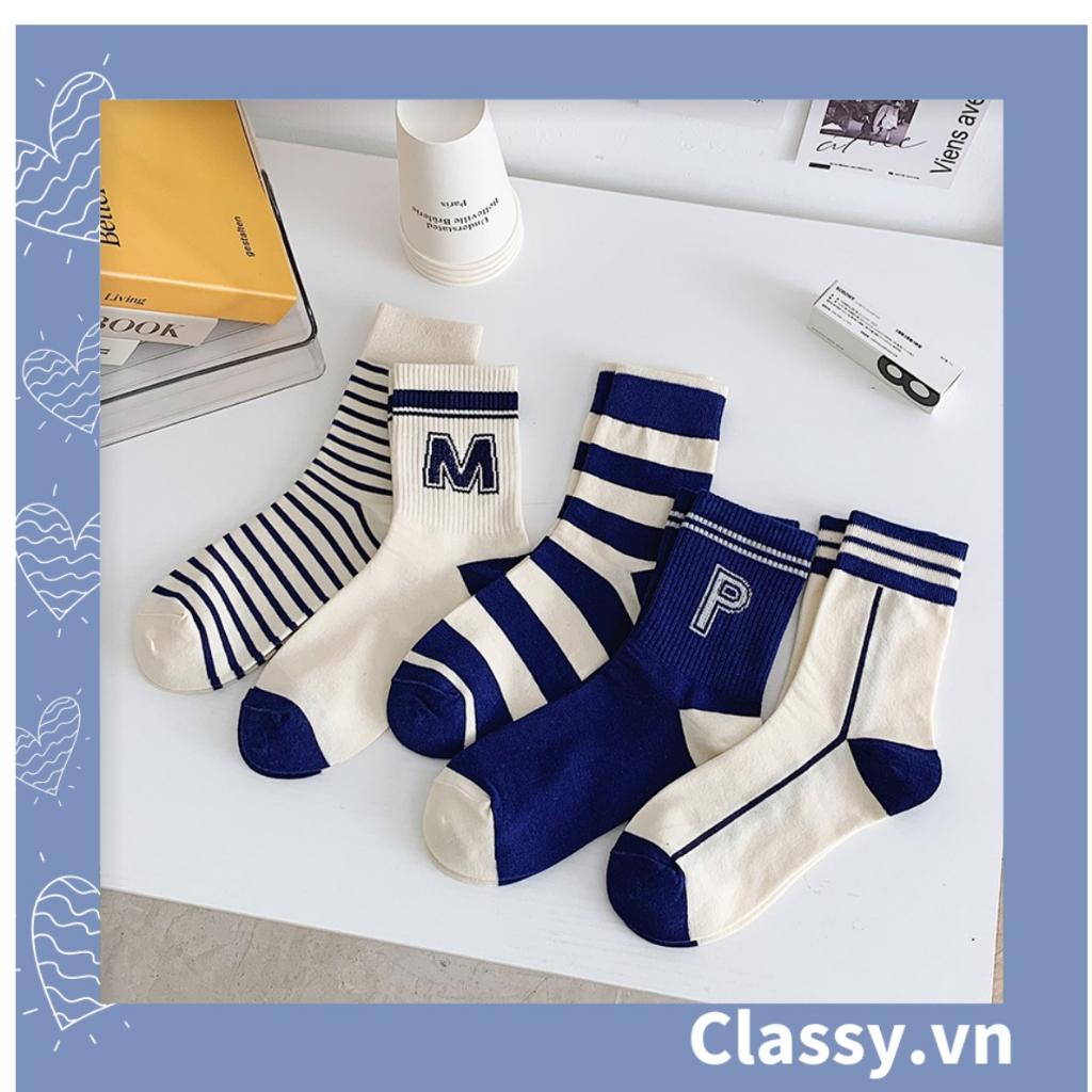 Tất cổ cao Classy,  vớ cổ cao màu xanh họa tiết vui nhộn, chất cotton siêu êm G1346