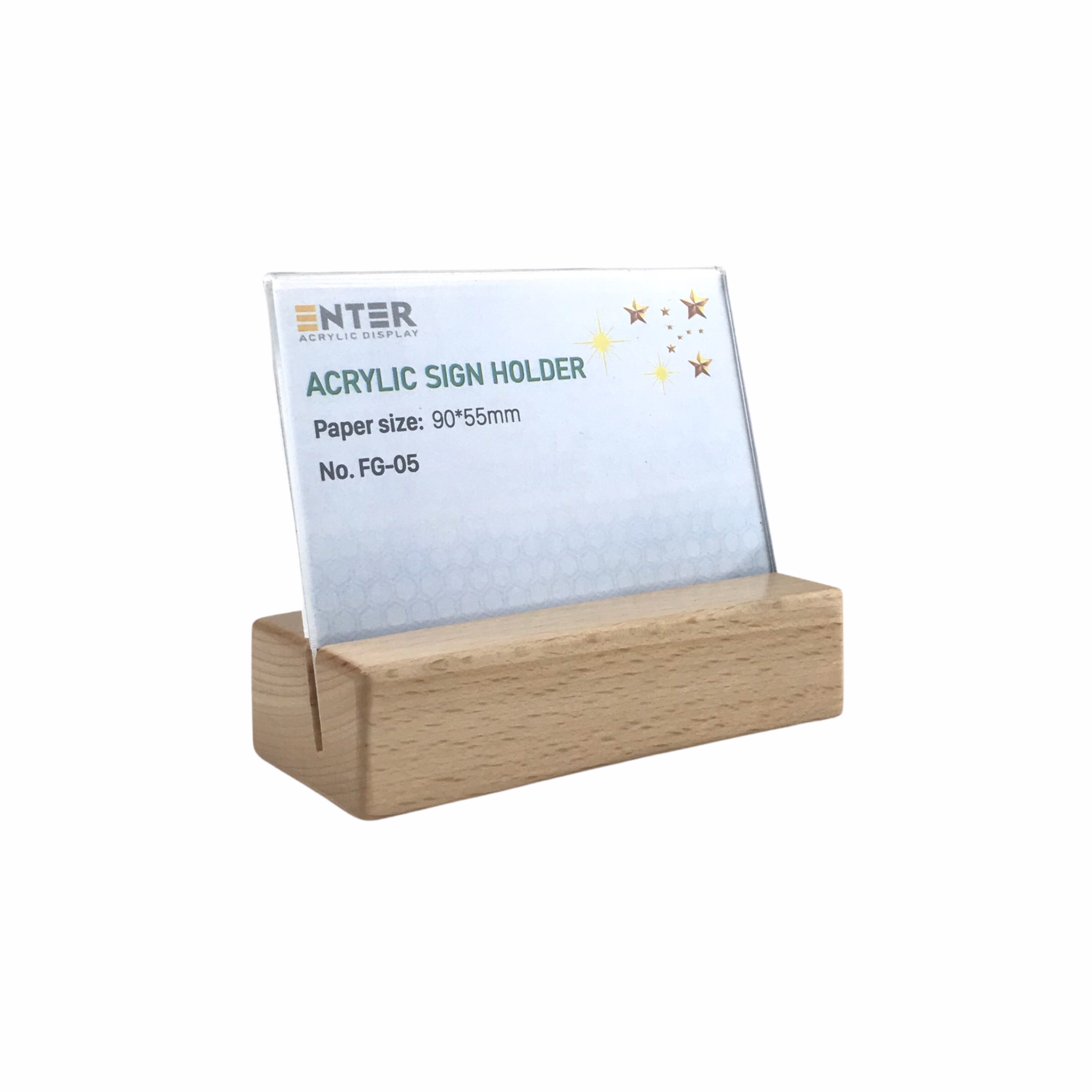 Kệ mica 1 mặt đế gỗ Enter FG-05 90x55mm, Kệ thông tin sản phẩm, Standee mica để bàn, Bảng quét mã QR Code