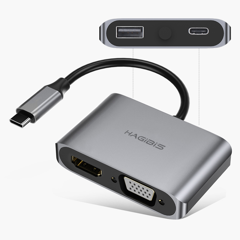 Cáp chuyển đổi Hagibis 4in1 USB-C to 4K HDMI/VGA/USB 3.0/PD cho Macbook, Laptop, Tablet, Điện thoại - Hàng nhập khẩu