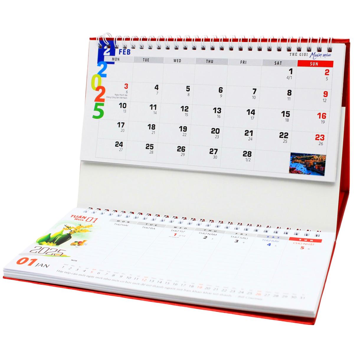 Lịch Bàn 2025 Có Note - Thế Giới Muôn Màu - Văn Lang VL-LB12 - Đế Màu Đỏ