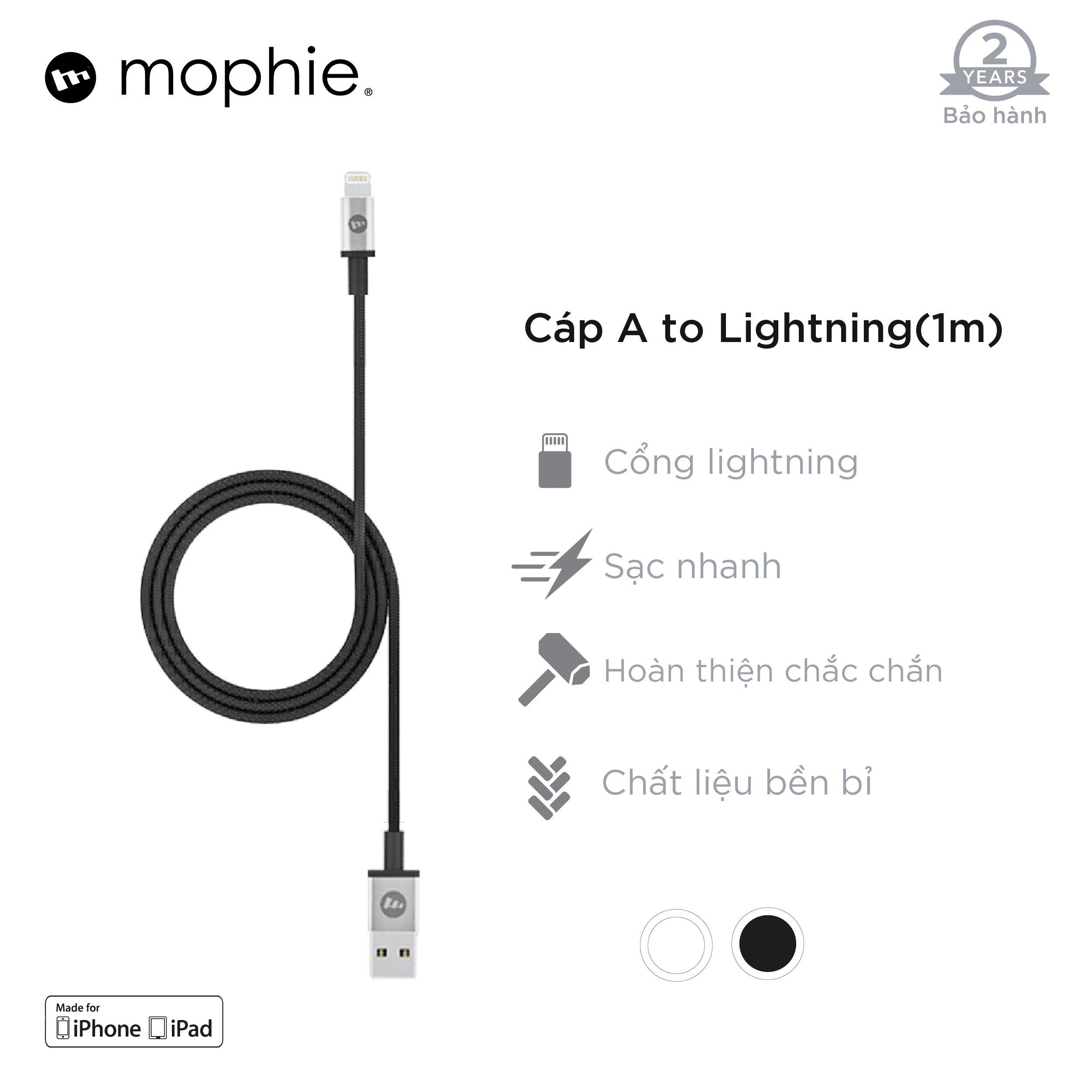 Bộ Adapter Sạc Mophie 10W Kèm Cáp USB-A to Lightning 1m Dành Cho iPhone/iPad - Hàng Chính Hãng