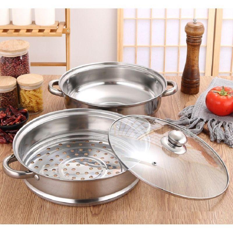 Bộ xửng hấp inox 28cm - nồi hấp đa năng 2 tầng cao cấp nắp kính