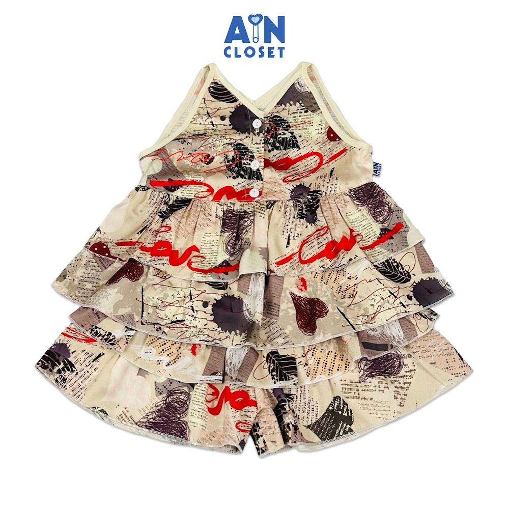 Bộ quần áo Ngắn bé gái hoạ tiết Nâu Love Lụa Silk Pháp - AICDBGILHVZV - AIN Closet