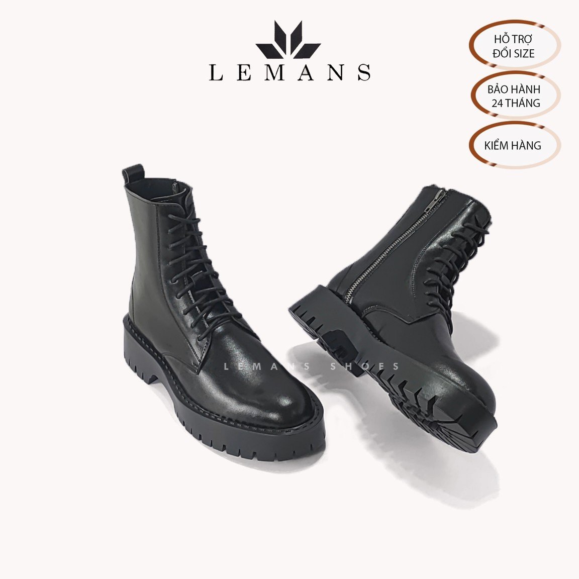 Giày da bò Chunky COMBAT Boots LEMANS nam - Đế Chunky cao 4.5cm - Khóa YKK - Bảo hành 24 tháng
