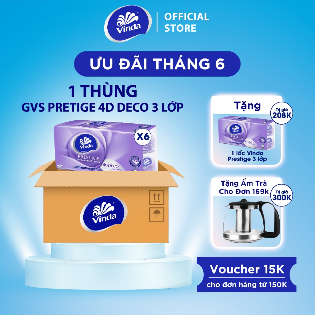[MUA 1 THÙNG GVS PRESTIGE 4D TẶNG 1 LỐC GVS PRESTIGE 4D] Giấy vệ sinh cao cấp Vinda Prestige 4D 3 lớp (8 Cuộn)