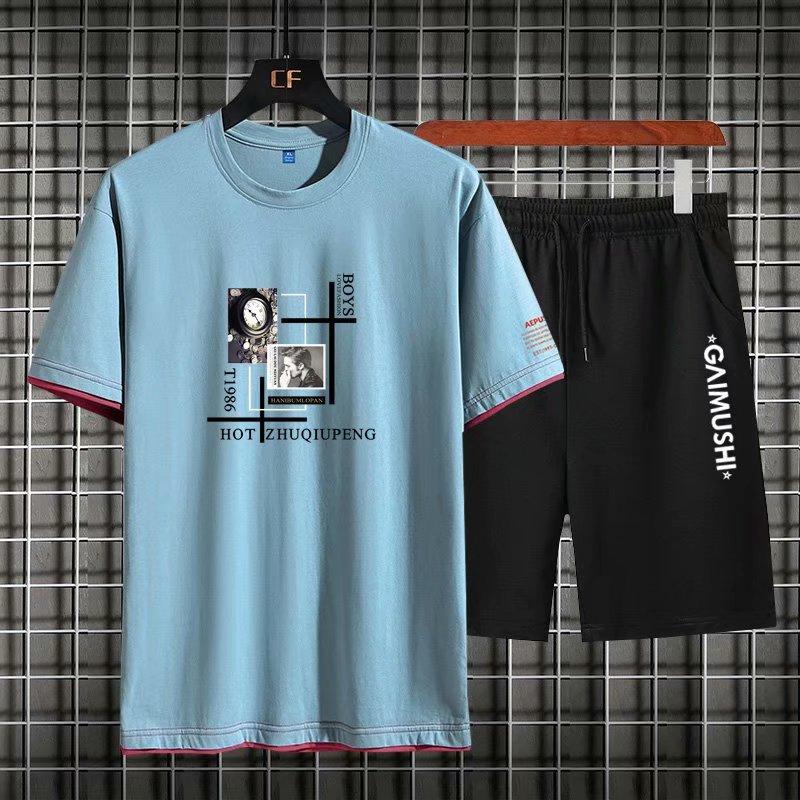 Set Áo Thun Ngắn Tay Cổ Tròn Giả Hai Lớp + Quần Short Thể Thao Cho Nam