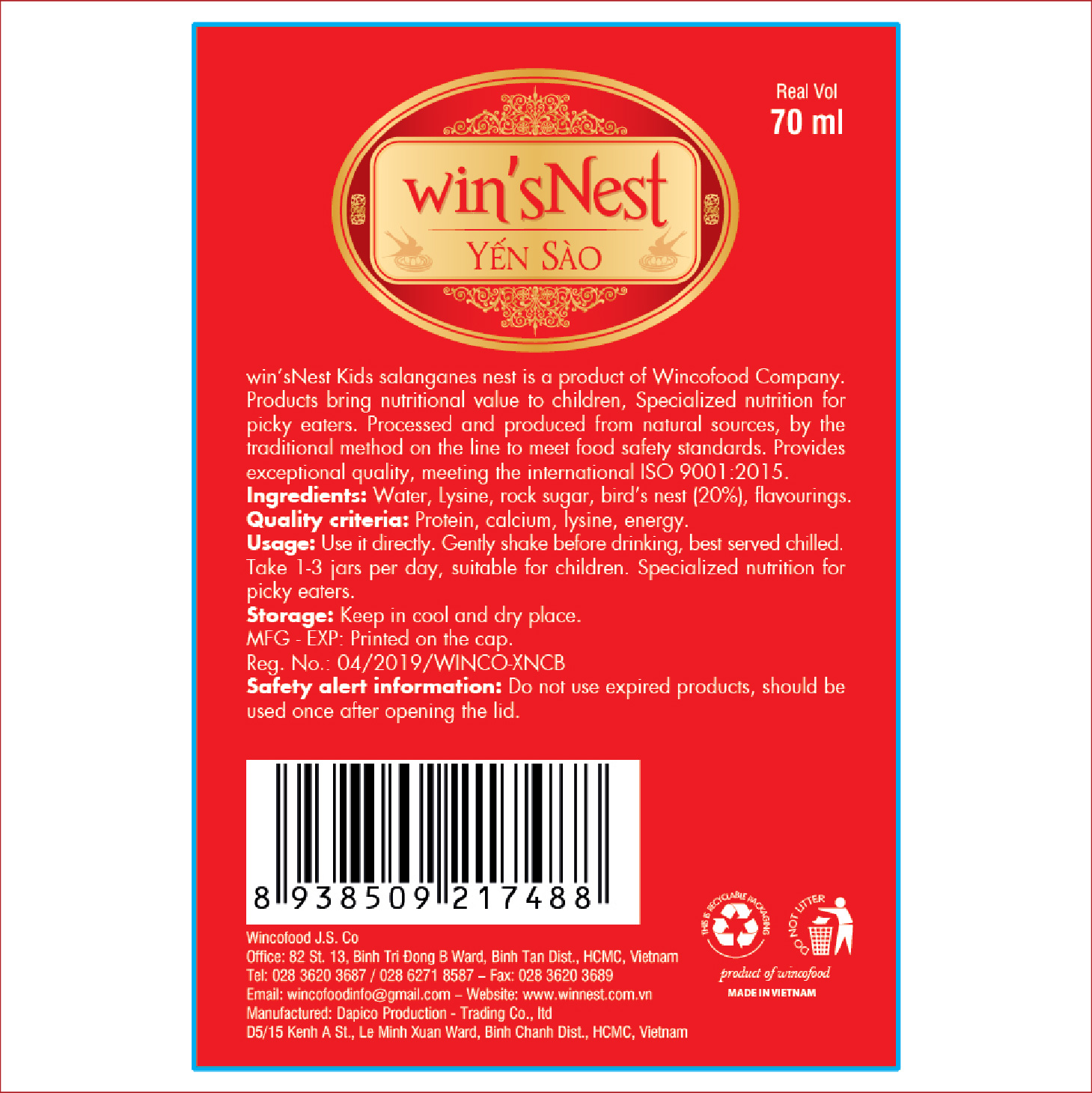 Thùng 72 lọ Yến Sào Win'snest Kids Tổ Yến Chưng Sẵn Dành Cho Trẻ 20% (70 Ml/ Lọ)