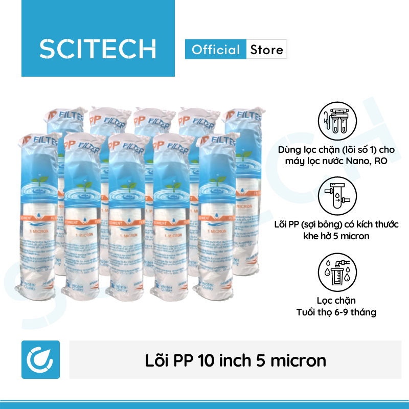 Combo 10 lõi lọc PP 10 inch 5 micron - Lõi số 1 máy lọc nước Nano/UF/RO, bộ lọc thô - Hàng chính hãng