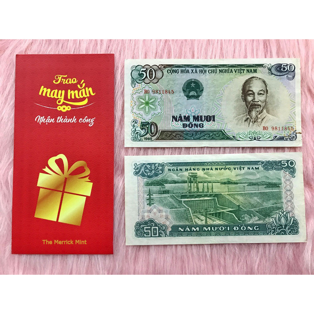 Tờ tiền 50 đồng 1985 , 50 đồng cầu Thăng Long Hà Nội , tiền cổ Việt Nam sau giải phóng đã hết lưu hành - tặng kèm bao lì xì đỏ - The Merrick Mint