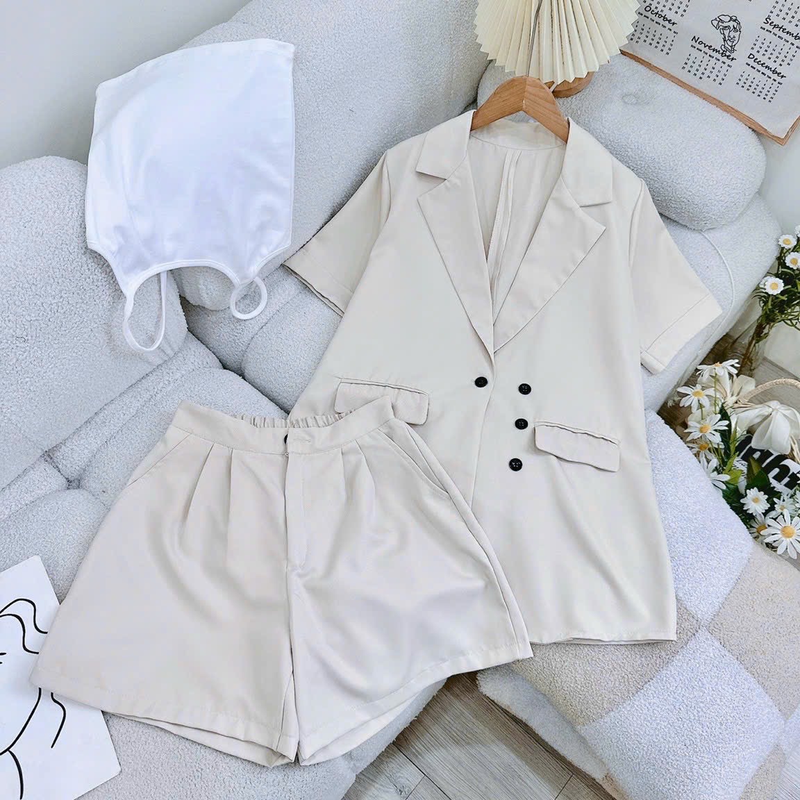 ÁO KHOÁC BLAZER / VEST NỮ PASTEL TAY LỬNG RỘNG SUÔNG TRƠN + QUẦN NGẮN GIẢ VÁY LƯNG CAO ỐNG RỘNG SHORTS + ÁO DÂY CROPTOP ĐI TIỆC ĐI LÀM CÔNG SỞ ĐI CHƠI DẠO PHỐ