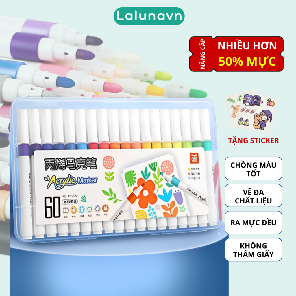 Bút Màu Acrylic Marker sơn đánh dấu Lalunavn nhiều mực hơn 50% bộ 12/24/36/48/60m hộp nhựa xách tiện dụng B196