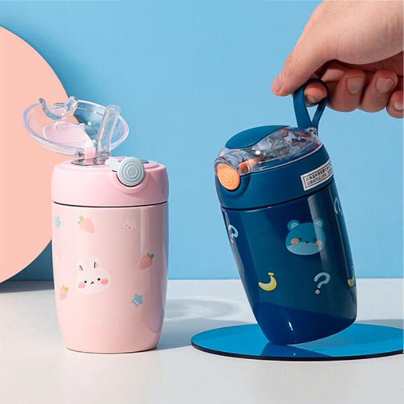 280Ml Hoạt Hình Inox Giữ Nhiệt Cốc Tập Uống Có Ống Hút Di Động Silicon Dây Trẻ Em Nhiệt Nước Con Tumbler Thermocup