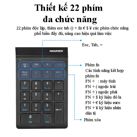 Bàn phím số không dây Dual Mode Newmen TK-029, kết nối 2.4Ghz - Hàng chính hãng