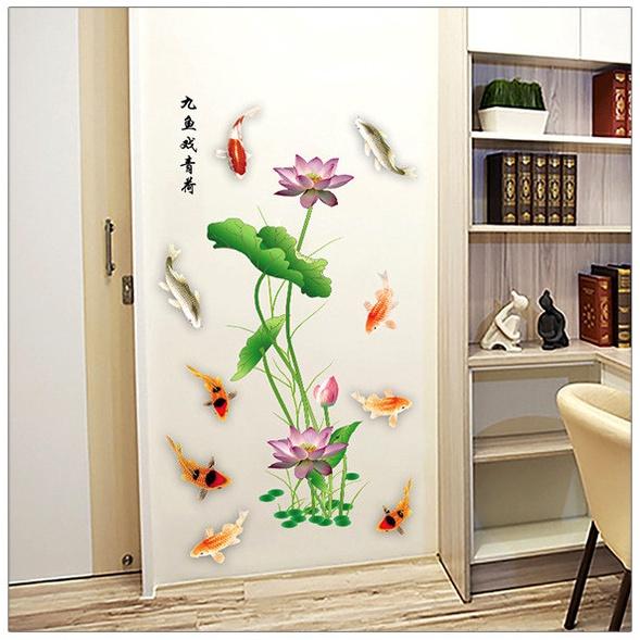 Decal trang trí dán tường - SEN HỒNG CHỮ HOA CÙNG ĐÀN CÁ PHÚ QUÝ