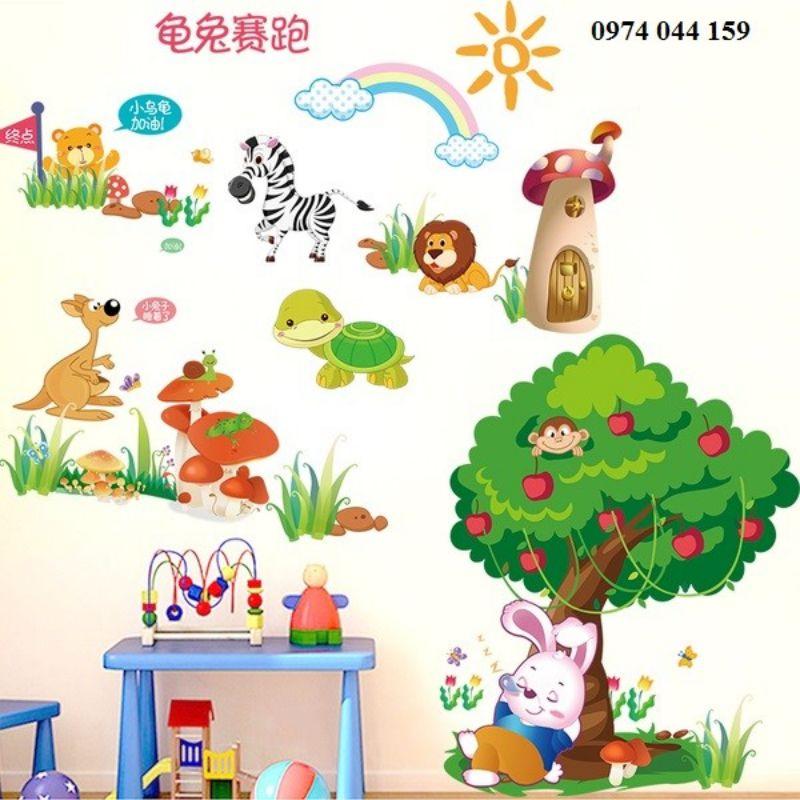 Decal dán tường cô bé quàng khăn đỏ và thỏ ngồi gốc cây