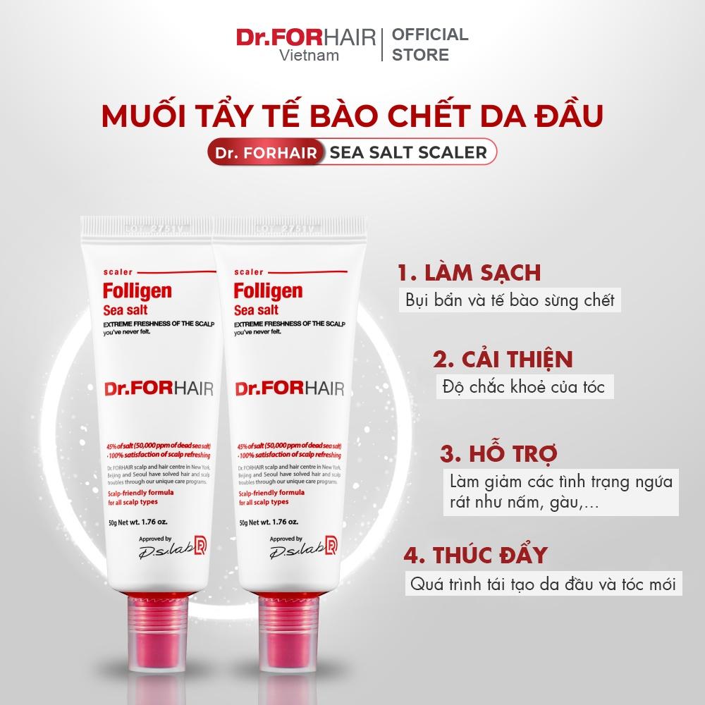 Bộ muối tẩy tế bào chết da đầu và dầu xả dưỡng tóc Dr.FORHAIR Folligen Scalp Pack 50ml và Sea Salt Scaler 50g