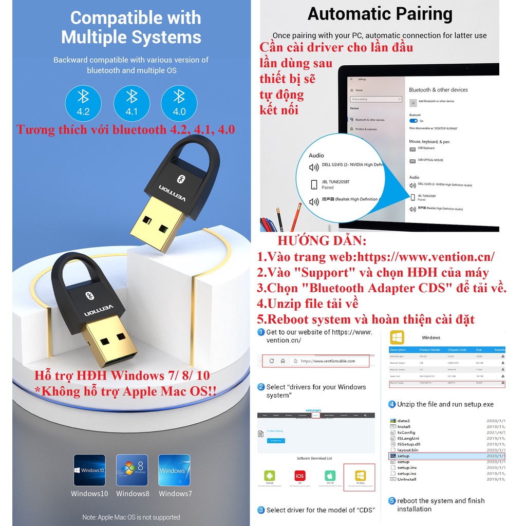 Thiết bị tạo bluetooth cho máy tính USB Bluetooth V5.0 kết nối đa thiết bị Vention CDSB0 - Hàng chính hãng