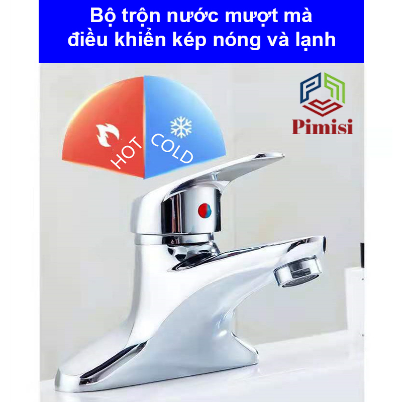 Vòi lavabo nóng lạnh Pimisi cho chậu rửa mặt 3 lỗ (2 chân) bằng đồng thau - mạ crom, niken sáng bóng dùng trong nhà tắm - điều chỉnh nước bằng gật gù nóng lạnh gắn trên bồn chậu rửa mặt treo tường đầy đủ phụ kiện xi phông và dây cấp nước | Hàng chính hãng