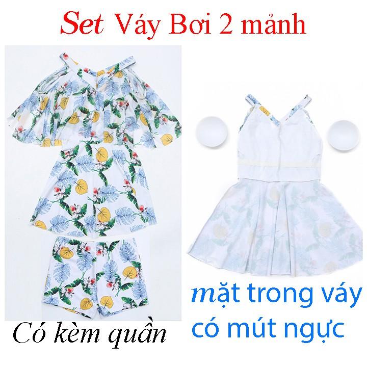 Đồ bơi nữ cổ tim trễ vai váy bơi hai mảnh cao cấp có sẵn mút ngực