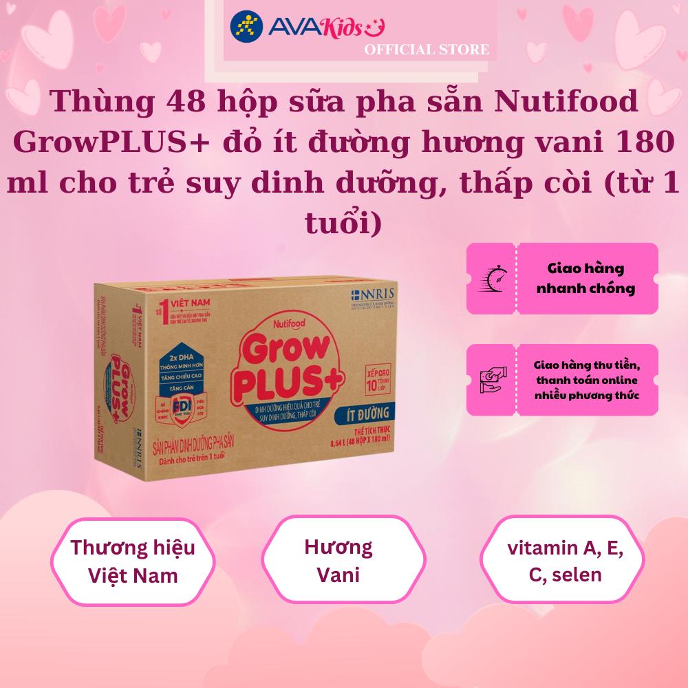 Thùng 48 hộp sữa pha sẵn Nutifood GrowPLUS+ đỏ ít đường hương vani 180 ml cho trẻ suy dinh dưỡng, thấp còi (từ 1 tuổi)