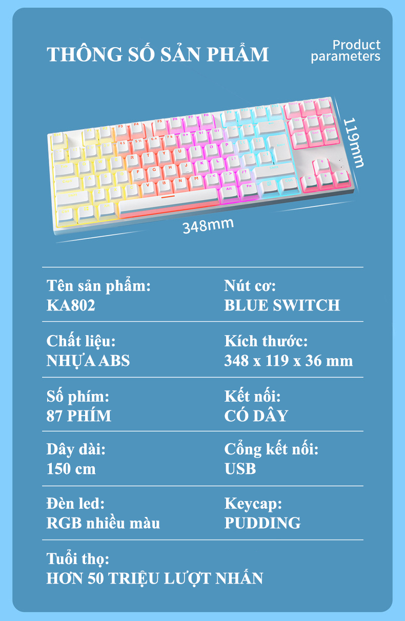 Bàn phím cơ ZIFRIEND KA802 sử dụng Blue Switch thiết kế mini nhỏ gọn chỉ 87 phím với keycap pudding xuyên led cực đẹp - Hàng Chính Hãng