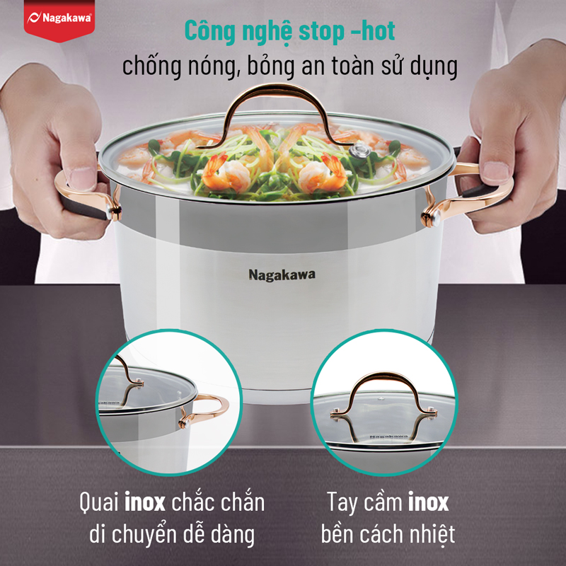 Bộ 3 Nồi Inox 304 Đáy Từ 5 Đáy Nagakawa NAG1352 - Hàng Chính Hãng