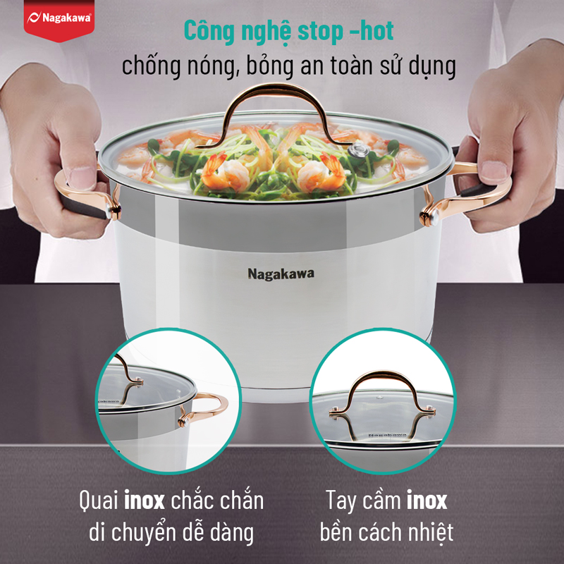 Bộ 3 Nồi Inox 304 Đáy Từ 5 Đáy Nagakawa NAG1352 (16cm, 20cm, 24cm) - Hàng Chính Hãng 