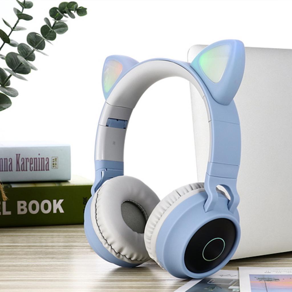 Bluetooth Stereo Cat Ear Headphones LED Light Flashing Glowing Headset Blue