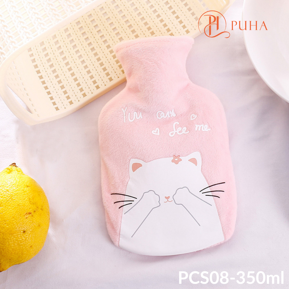 Túi Chườm Nóng Lạnh Puha 350Ml, Túi Chườm Sưởi Ấm Giảm Đau Bụng Kinh Họa Tiết Dễ Thương - Pink Cat 350Ml