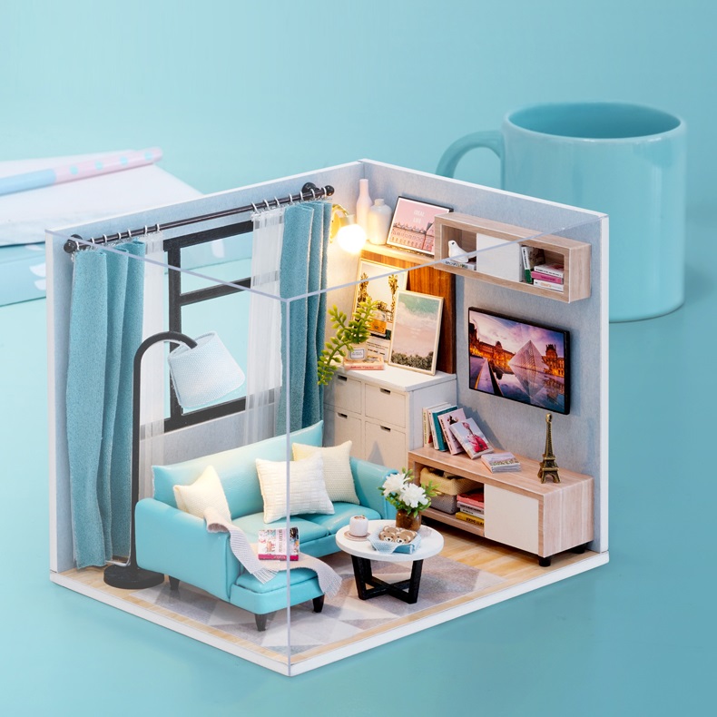 Mô hình nhà DIY Doll House Corner of Living Room Kèm Đèn LED và MICA chống bụi