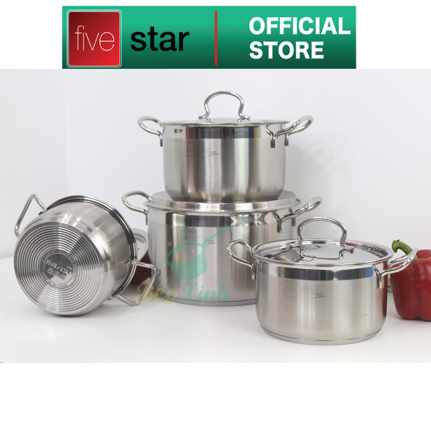 Combo bộ nồi inox cao cấp 304 và chảo xửng Fivestar 6 món 3 đáy từ , nắp inox