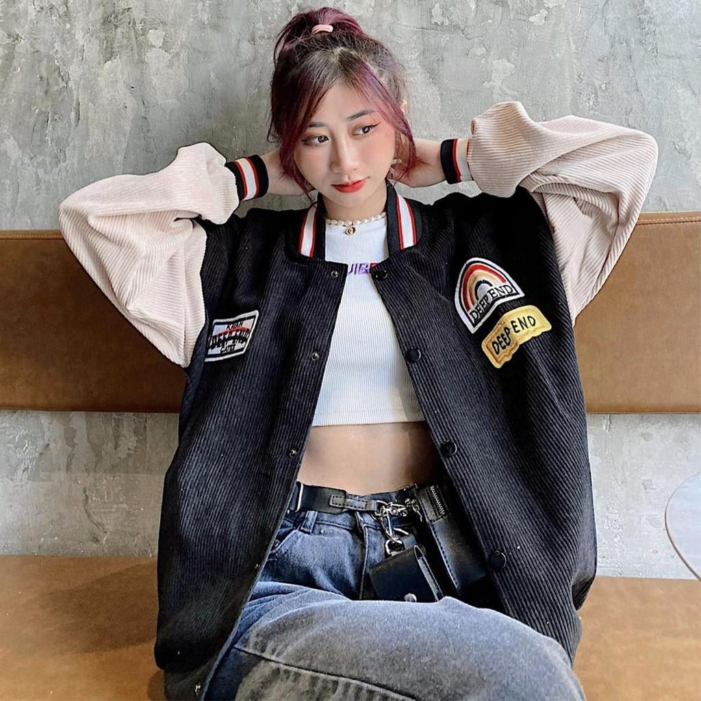 Áo Khoác Nhung THIFU FASHION Nhung Gân Mềm Mịn Tay Phồng Thêu Hình DEEP END Sắc Nét