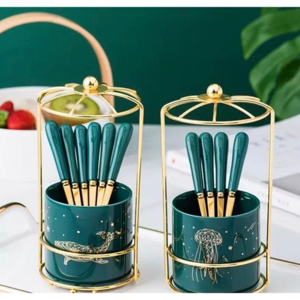 Ống cắm thìa dĩa,rỏ cắm thìa màu xanh cổ vịt kèm thìa phong cách châu Âu sang trọng