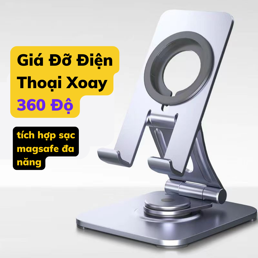 Giá Đỡ Điện Thoại Xoay 360 Độ Tích Hợp Sạc Không Dây - Kệ 1pad Nam Châm Bằng Nhôm có silicone chống xước