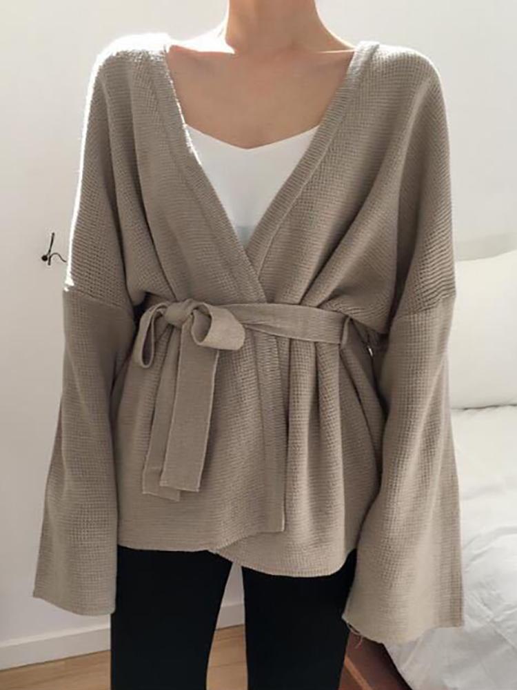 Thanh Lịch Khoác Cardigan Nữ 2021 Thu Đông Hàn Quốc Cổ Chữ V Dây Dài Tay Áo Len Dệt Kim Cardigan Nữ