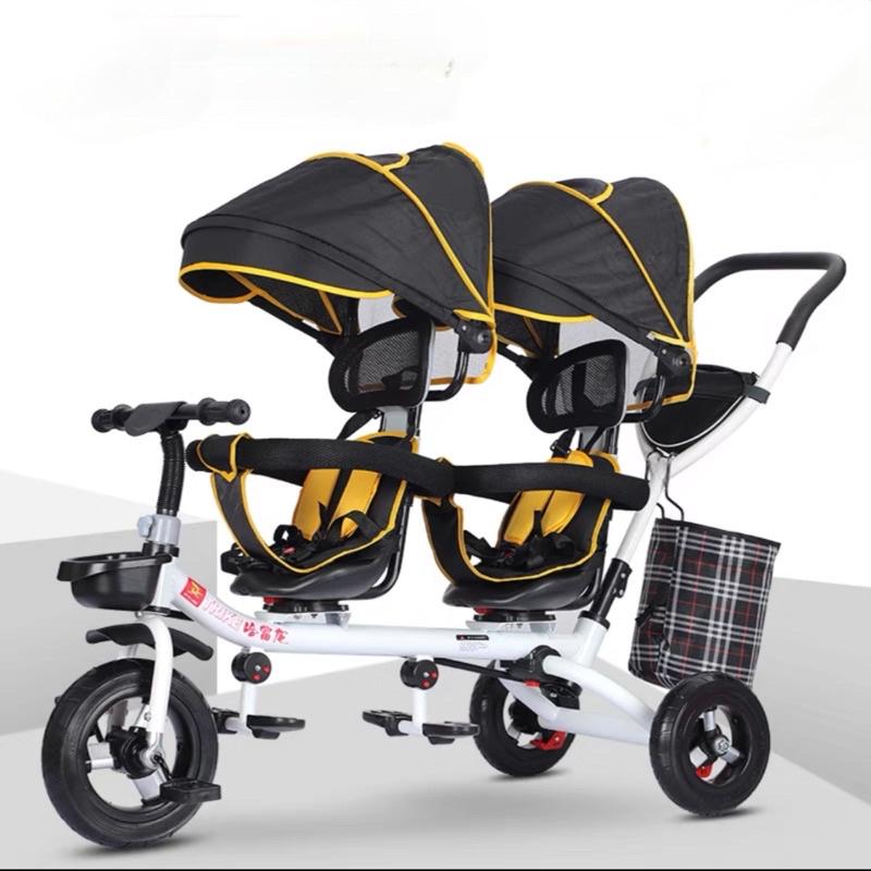 Xe đẩy đôi cho bé bánh cao su, ghế xoay 360 độ