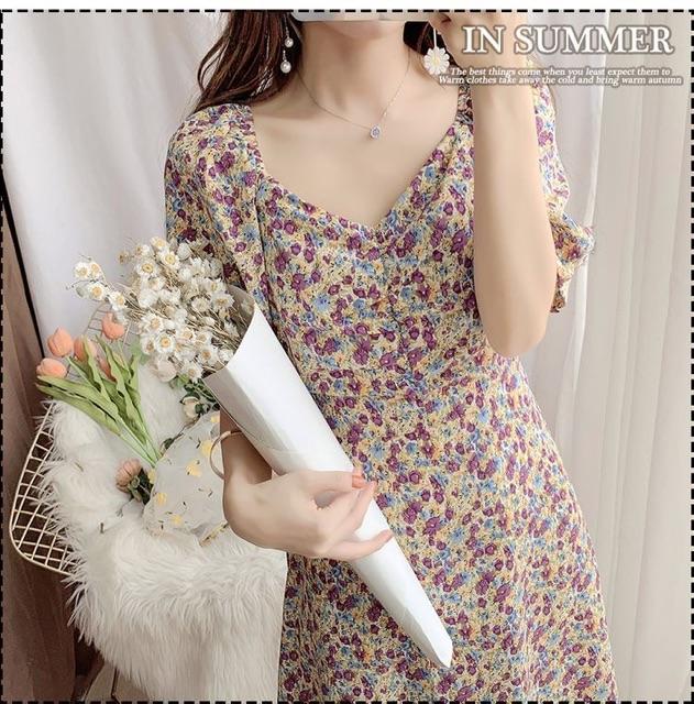 Váy hoa nhí sắc màu tay bồng nhún ngực dáng dài Ulzzang style  VKE9033 Hàng Quảng Châu