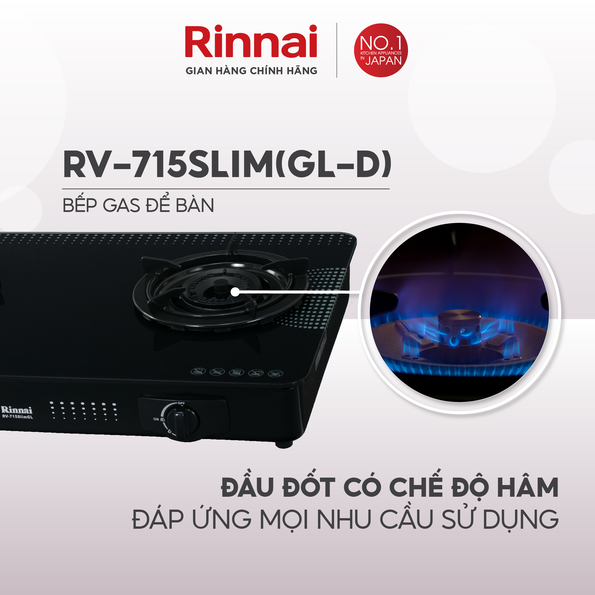 Bếp gas dương Rinnai RV-715Slim mặt bếp kính và kiềng bếp men - Hàng chính hãng.