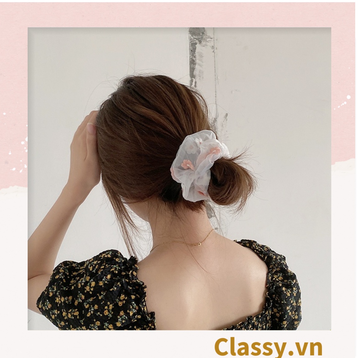 Dây cột tóc Scrunchies vải trong suốt thêu hoa