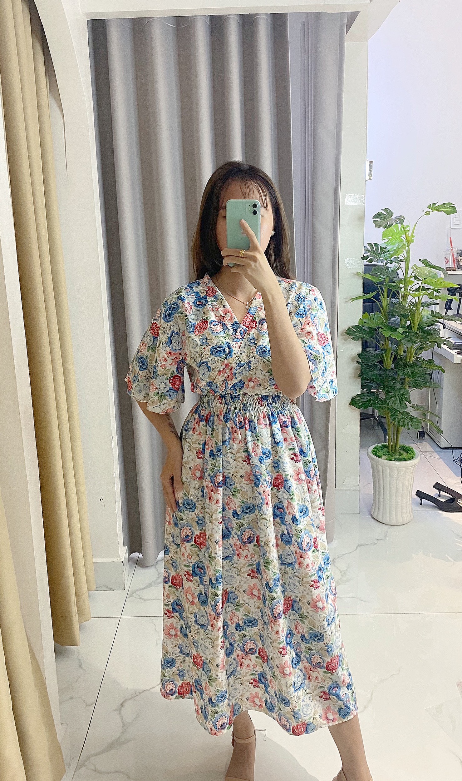 Váy đầm nữ dáng dài, váy cổ tim nhúng eo, tay leo chất lụa mát không nhăn V008