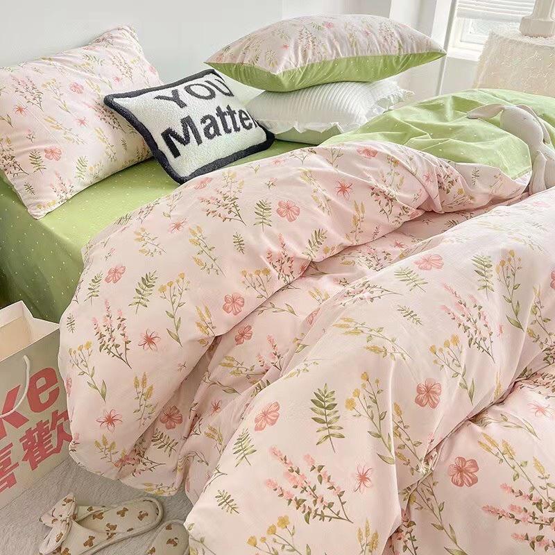 Bộ Chăn Ga Gối Cotton Living Hàng Nhập Khẩu Cao Cấp 4 Món Hoa Xinh Xanh Mát