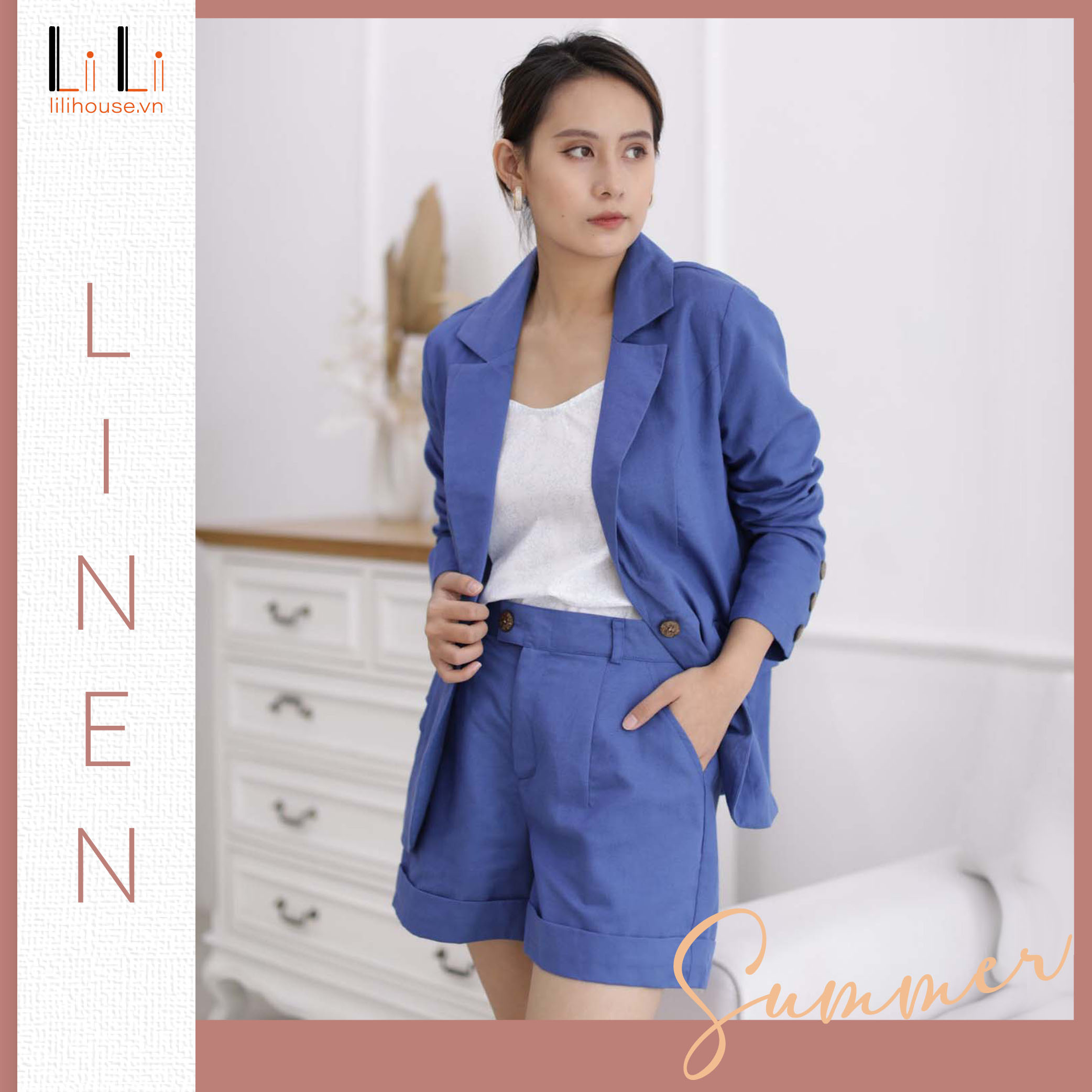 Set Vest, BLAZER nữ LINEN cao cấp - Màu Xanh Coban