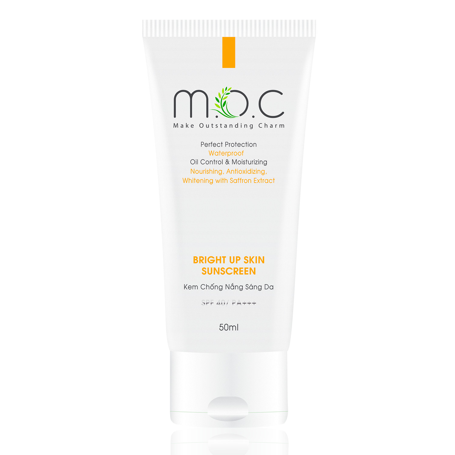 Kem Chống Nắng Sáng Da M.O.C - Chiết xuất Hoa Nghệ Tây (Saffron)  SPF 40/PA+++ Chống nắng 2 cơ chế vật lý và hóa học, Chống thấm nước và mồ hôi, Nuôi dưỡng da, chống lão hóa, chống viêm, giảm kích ứng và trắng sáng da