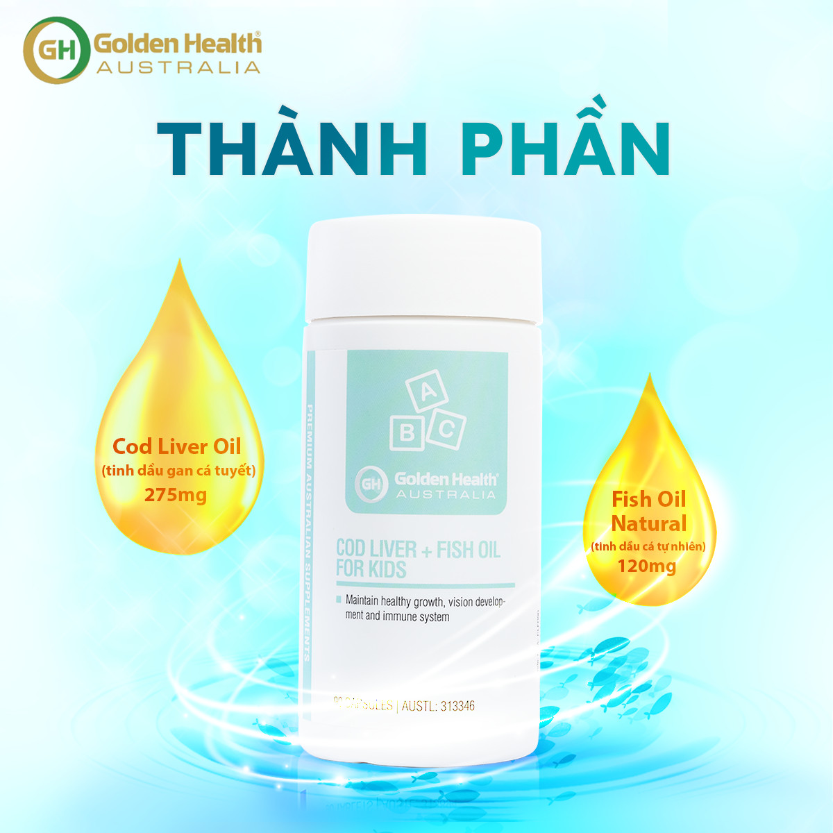 Viên uống dầu cá bổ sung DHA cho trẻ từ 7 tháng tuổi Golden Health Cod Liver Fish Oil For Kids Hộp 90 viên