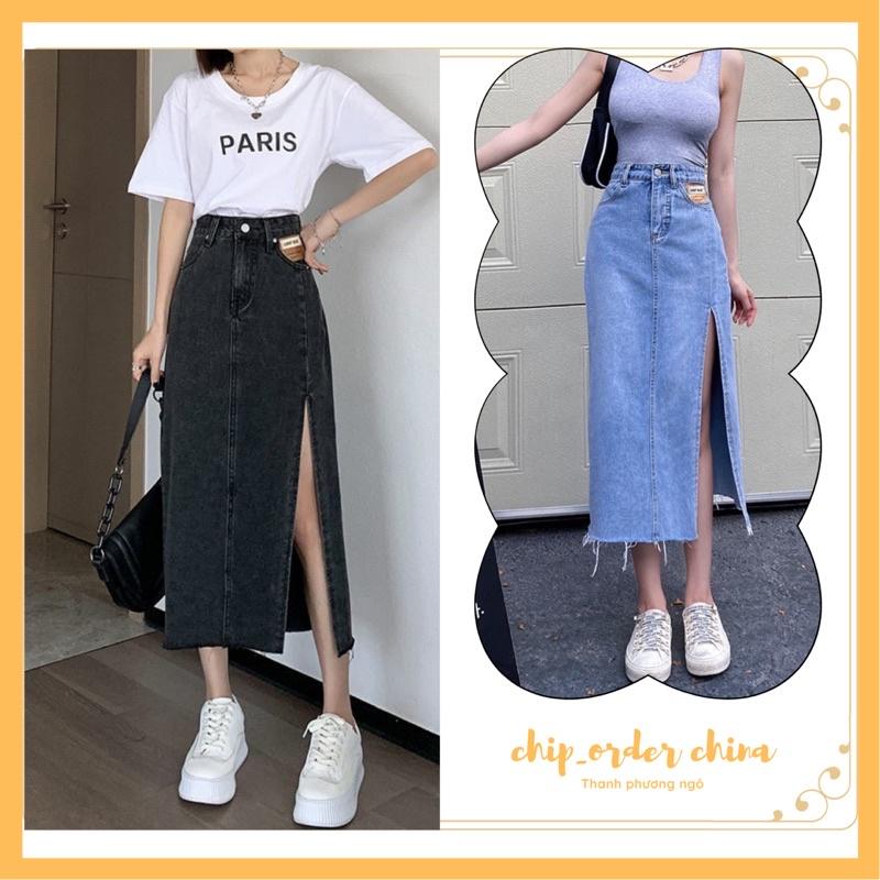 Chân váy jean cạp cao dáng dài xẻ tà co dãn hàng quảng châu
