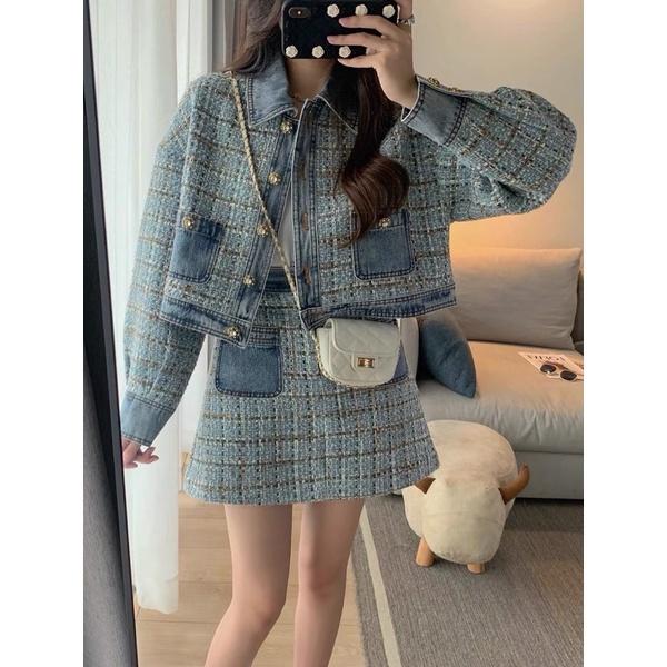 SET DẠ HÀNG QUẢNG CHÂU: ÁO KHOÁC DẠ XANH PHỐI TÚI JEAN + CHÂN VÁY