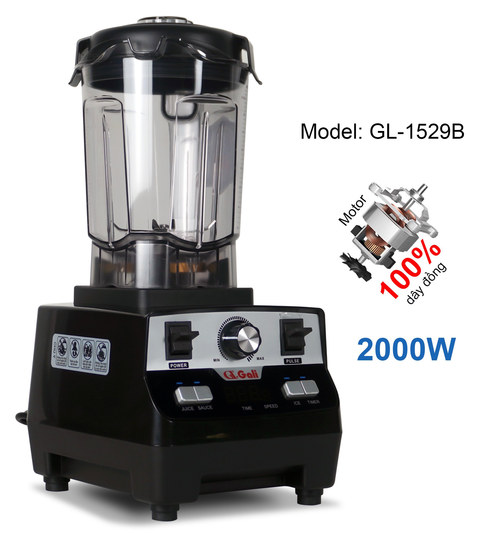 Sinh Tố Công Nghiệp Gali GL-1529B Dung tích 2 Lít, Motor 100% dây đồng đảm bảo độ bền bỉ, bảng điều khiển dạng cảm ứng, lưỡi dao bằng thép không gỉ. Hàng chính hãng bảo hành 24 tháng