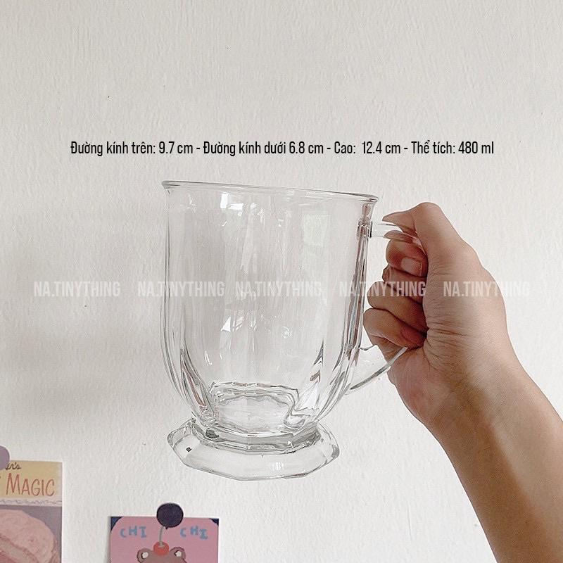 Ly cốc thuỷ tinh trong suốt có tay cầm dung tích lớn dùng uống trà sữa cà phê phong cách Hàn Quốc - NA0046
