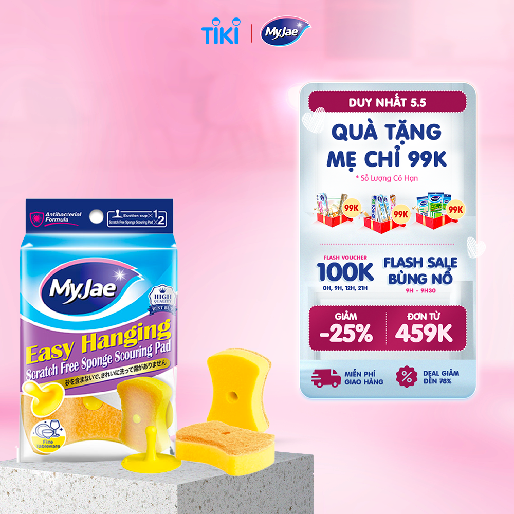 Miếng Bọt Biển Rửa Chén MyJae 2 Mặt, Mút Xốp Rửa Bát Đa Năng Kèm Miếng Nhựa Hít Kê  11.3cm x 7.8cm x 3cm  (2 Miếng/Gói)